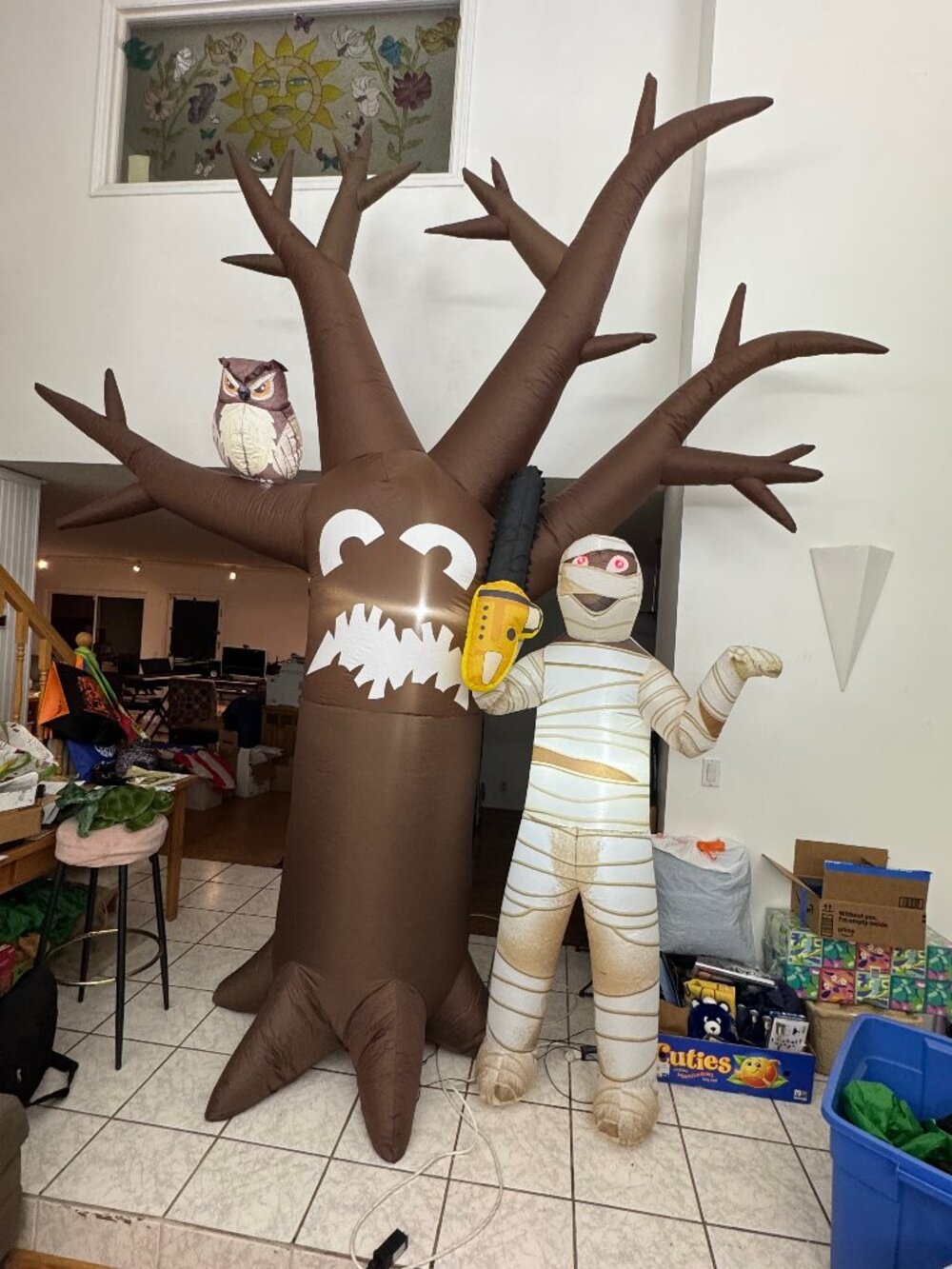 12ft GOOSH Halloween Inflatable Scary Tree With Chainsaw Mummy & Owl